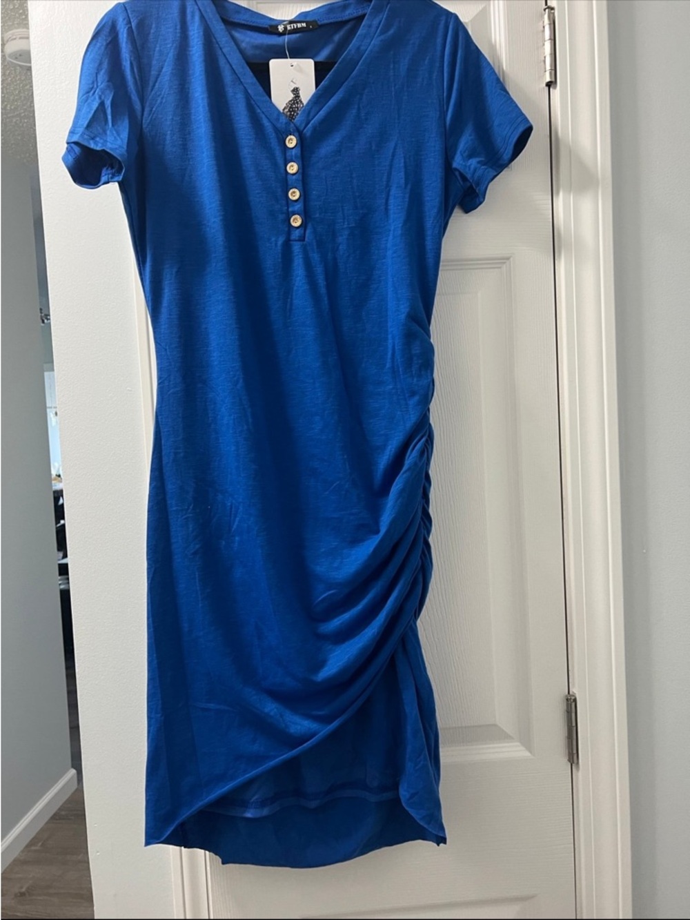 Women’s Royal Blue V-Neck Ruched Midi Dress by St. John